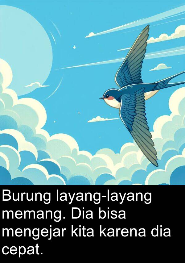 cepat: Burung layang-layang memang. Dia bisa mengejar kita karena dia cepat.