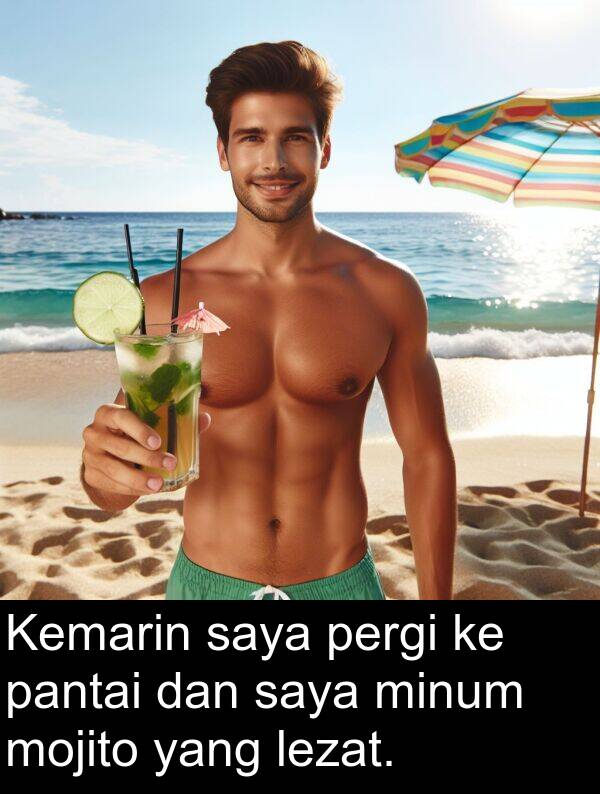 pantai: Kemarin saya pergi ke pantai dan saya minum mojito yang lezat.