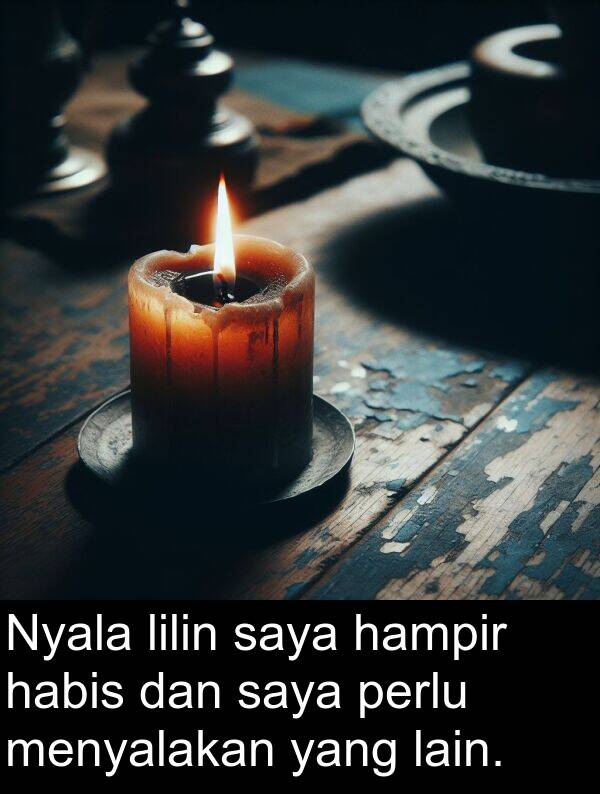 habis: Nyala lilin saya hampir habis dan saya perlu menyalakan yang lain.