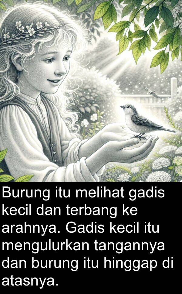 hinggap: Burung itu melihat gadis kecil dan terbang ke arahnya. Gadis kecil itu mengulurkan tangannya dan burung itu hinggap di atasnya.