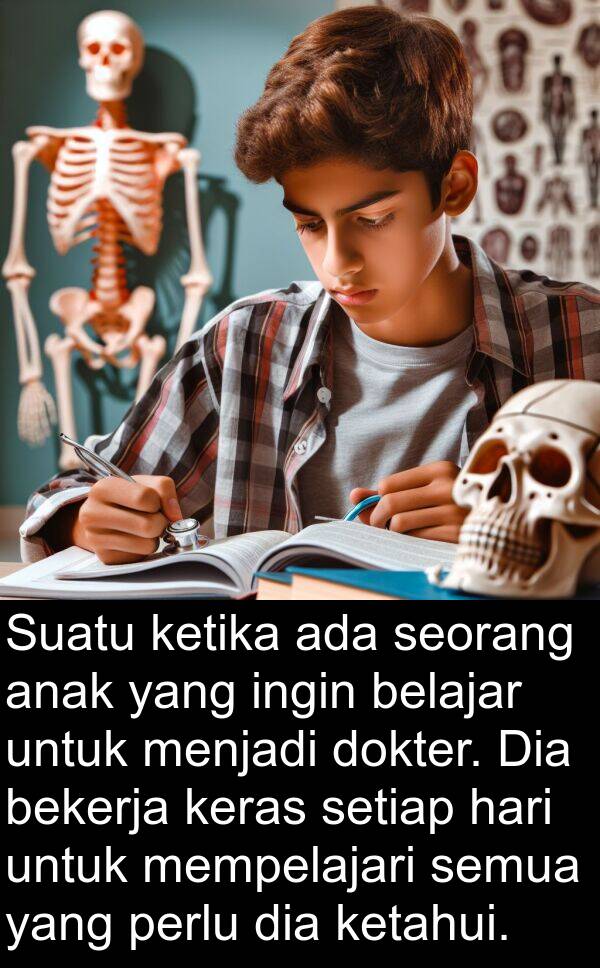 keras: Suatu ketika ada seorang anak yang ingin belajar untuk menjadi dokter. Dia bekerja keras setiap hari untuk mempelajari semua yang perlu dia ketahui.