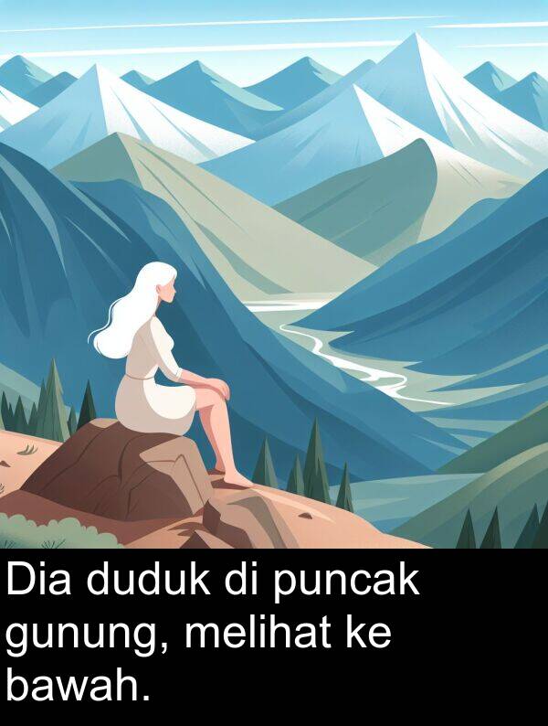 bawah: Dia duduk di puncak gunung, melihat ke bawah.