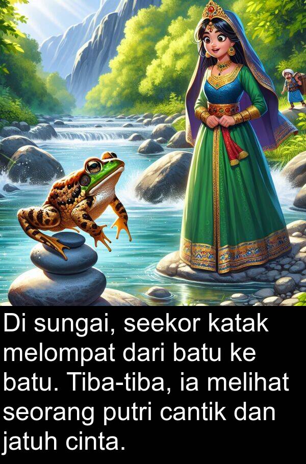 cinta: Di sungai, seekor katak melompat dari batu ke batu. Tiba-tiba, ia melihat seorang putri cantik dan jatuh cinta.