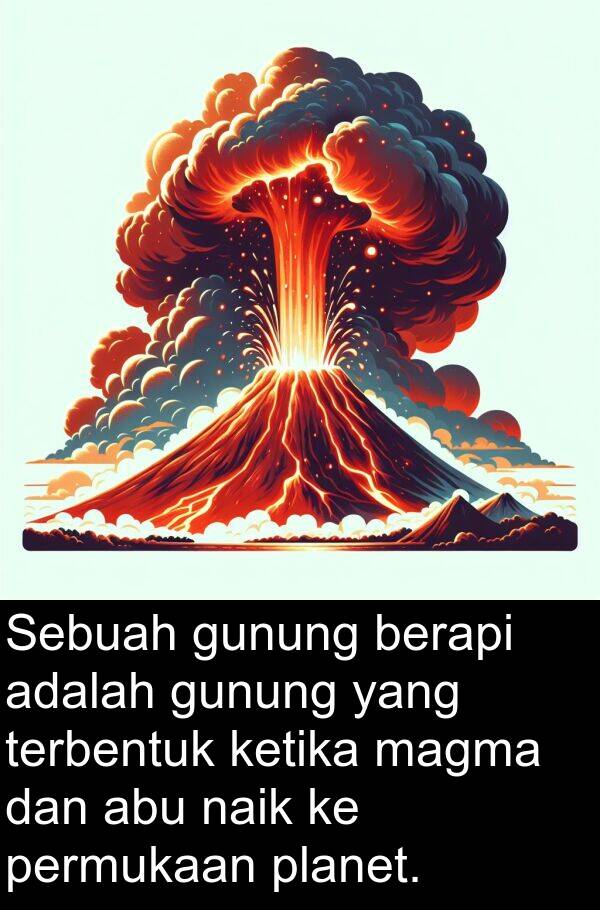 berapi: Sebuah gunung berapi adalah gunung yang terbentuk ketika magma dan abu naik ke permukaan planet.