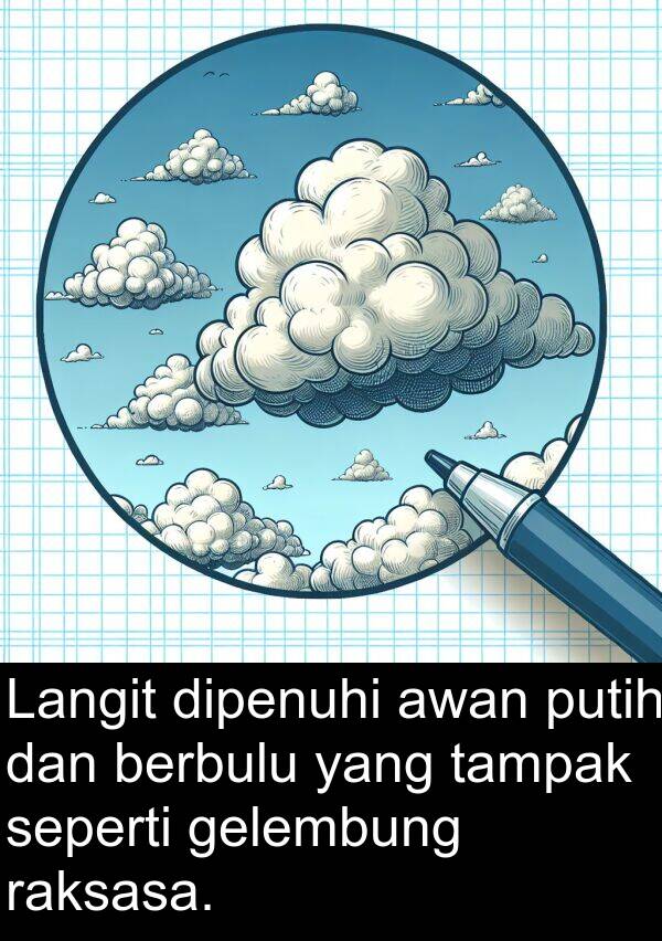 raksasa: Langit dipenuhi awan putih dan berbulu yang tampak seperti gelembung raksasa.