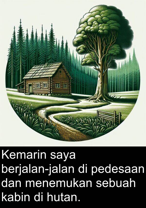 hutan: Kemarin saya berjalan-jalan di pedesaan dan menemukan sebuah kabin di hutan.