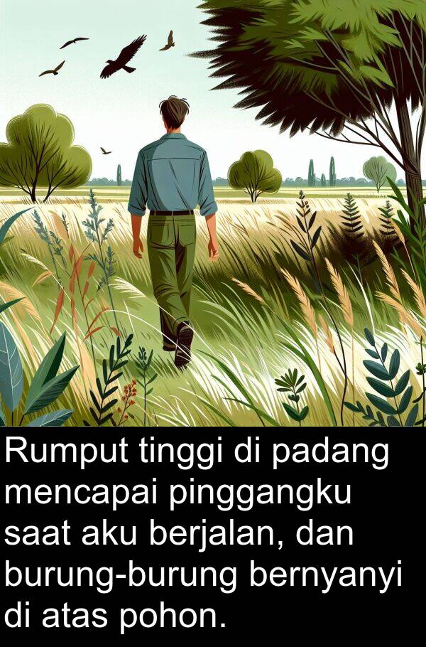 padang: Rumput tinggi di padang mencapai pinggangku saat aku berjalan, dan burung-burung bernyanyi di atas pohon.