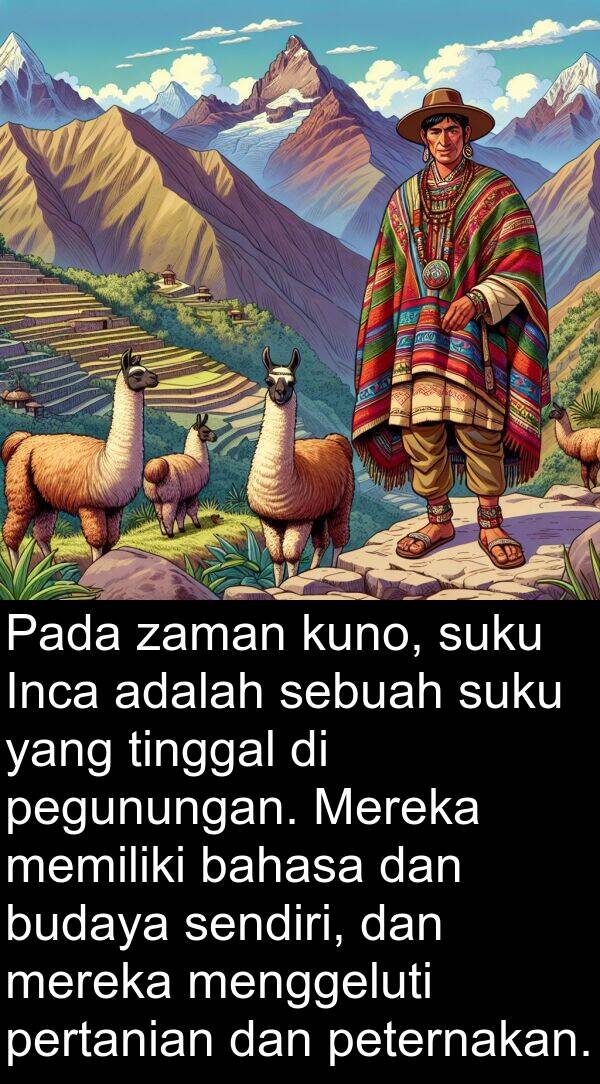 pegunungan: Pada zaman kuno, suku Inca adalah sebuah suku yang tinggal di pegunungan. Mereka memiliki bahasa dan budaya sendiri, dan mereka menggeluti pertanian dan peternakan.