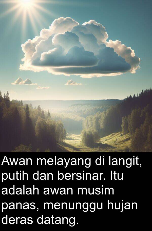 melayang: Awan melayang di langit, putih dan bersinar. Itu adalah awan musim panas, menunggu hujan deras datang.