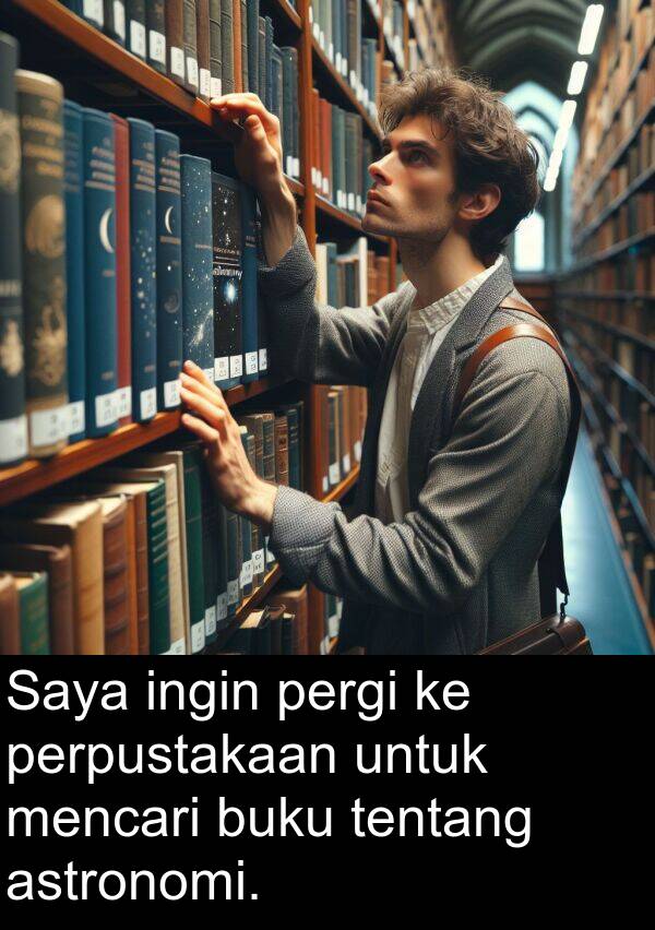 ingin: Saya ingin pergi ke perpustakaan untuk mencari buku tentang astronomi.