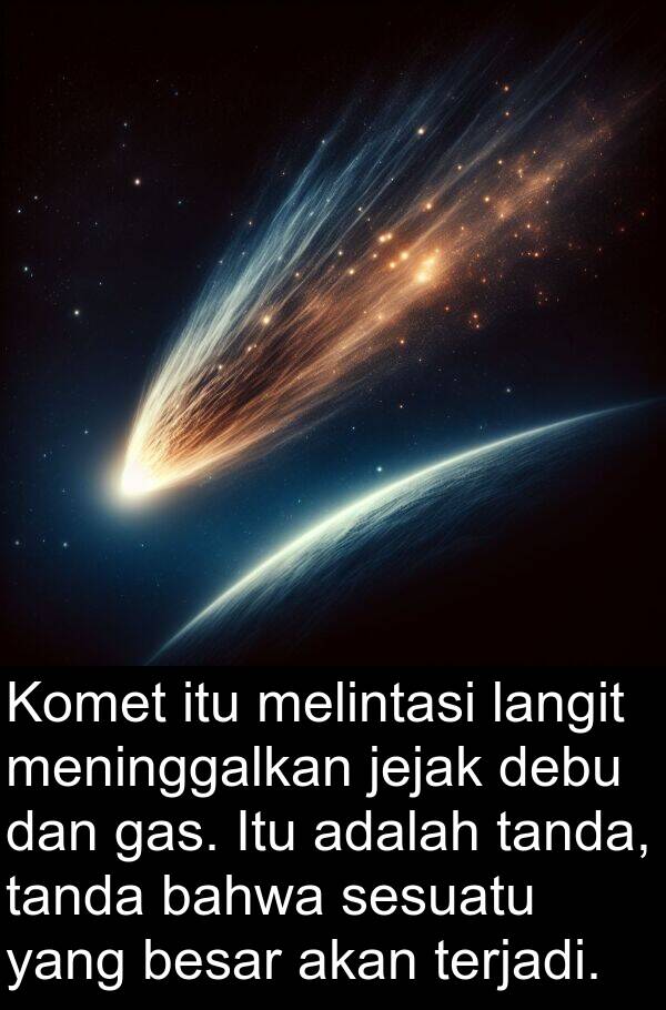 gas: Komet itu melintasi langit meninggalkan jejak debu dan gas. Itu adalah tanda, tanda bahwa sesuatu yang besar akan terjadi.