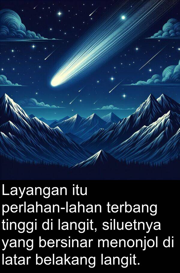 latar: Layangan itu perlahan-lahan terbang tinggi di langit, siluetnya yang bersinar menonjol di latar belakang langit.