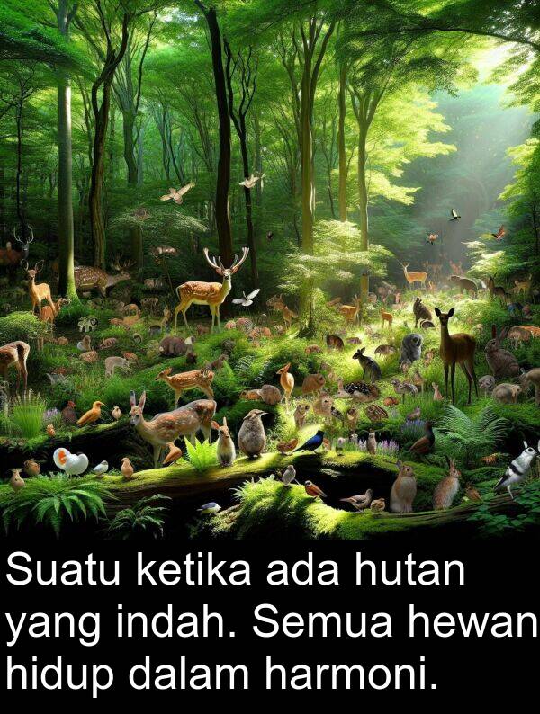 harmoni: Suatu ketika ada hutan yang indah. Semua hewan hidup dalam harmoni.