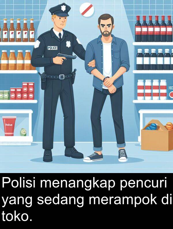 pencuri: Polisi menangkap pencuri yang sedang merampok di toko.