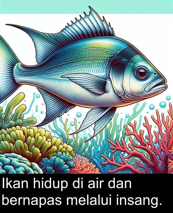 hidup: Ikan hidup di air dan bernapas melalui insang.