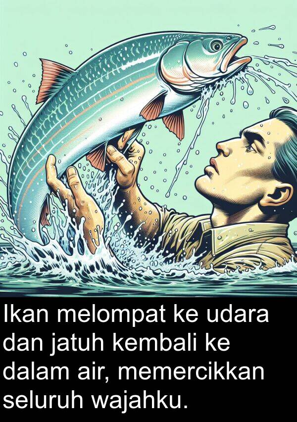 kembali: Ikan melompat ke udara dan jatuh kembali ke dalam air, memercikkan seluruh wajahku.