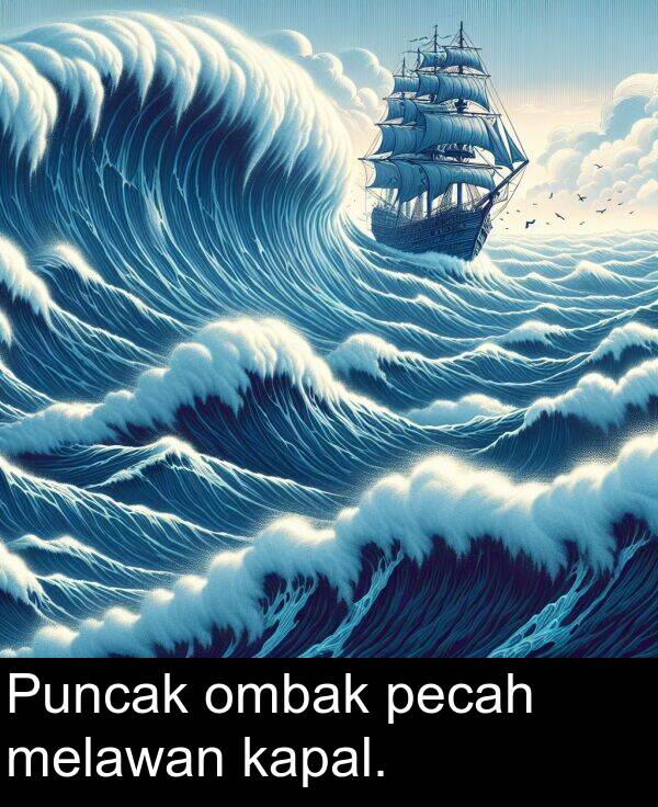 kapal: Puncak ombak pecah melawan kapal.