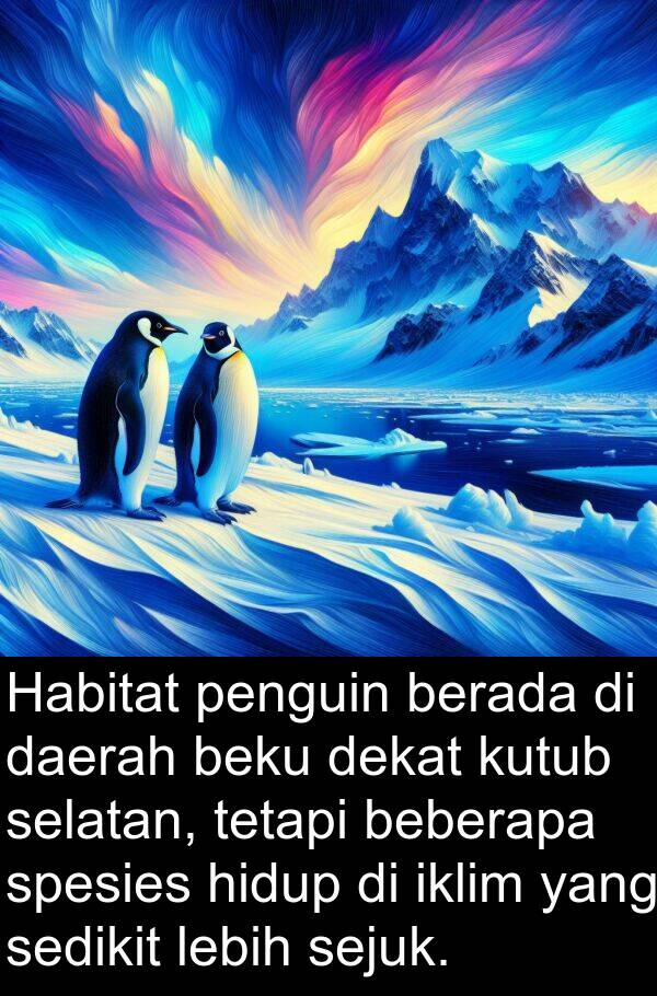 berada: Habitat penguin berada di daerah beku dekat kutub selatan, tetapi beberapa spesies hidup di iklim yang sedikit lebih sejuk.