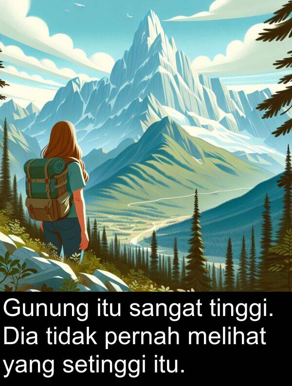 pernah: Gunung itu sangat tinggi. Dia tidak pernah melihat yang setinggi itu.