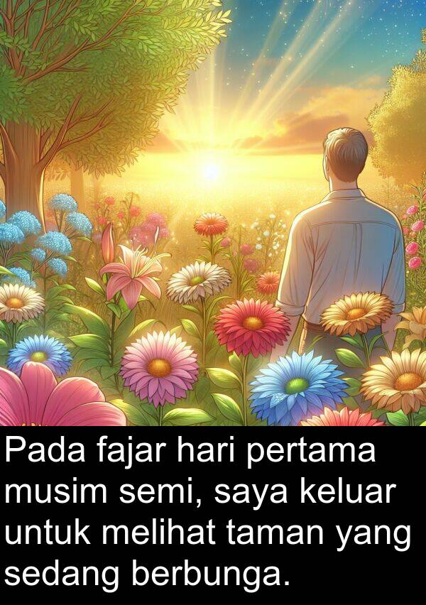 keluar: Pada fajar hari pertama musim semi, saya keluar untuk melihat taman yang sedang berbunga.