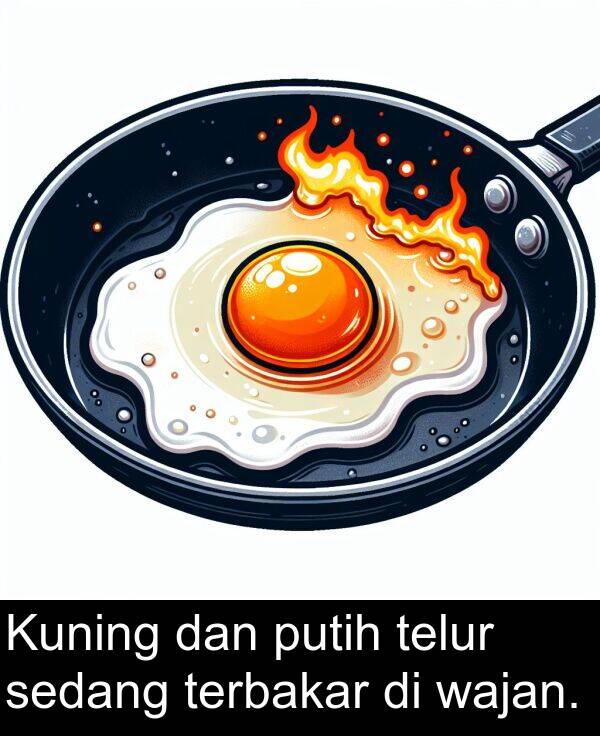 wajan: Kuning dan putih telur sedang terbakar di wajan.