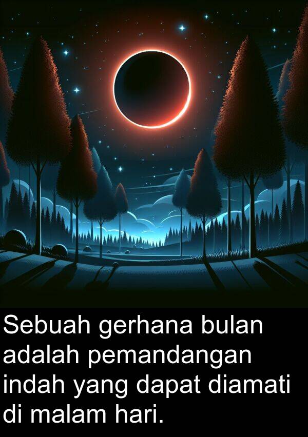 pemandangan: Sebuah gerhana bulan adalah pemandangan indah yang dapat diamati di malam hari.