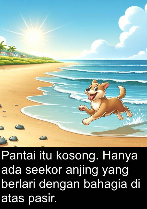 pasir: Pantai itu kosong. Hanya ada seekor anjing yang berlari dengan bahagia di atas pasir.