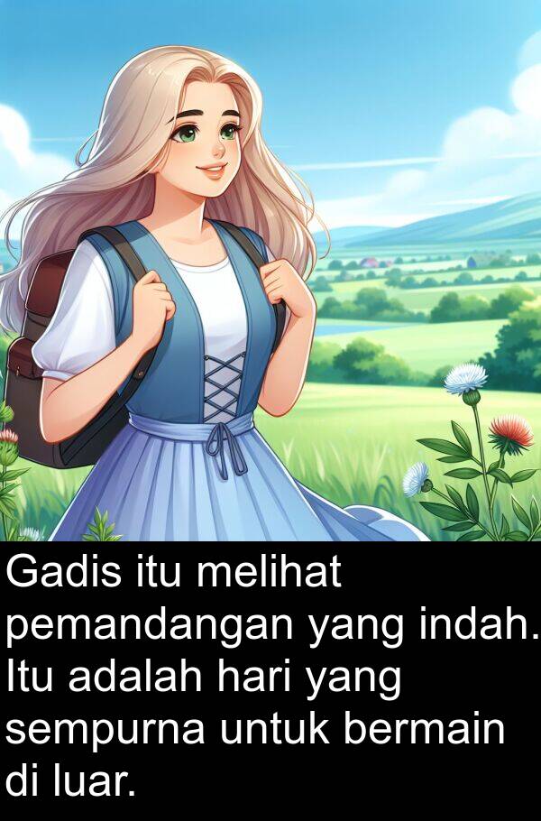 pemandangan: Gadis itu melihat pemandangan yang indah. Itu adalah hari yang sempurna untuk bermain di luar.