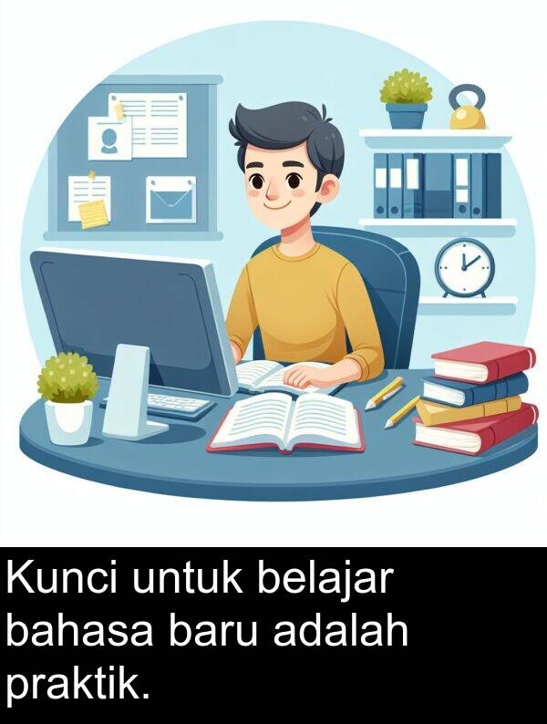 untuk: Kunci untuk belajar bahasa baru adalah praktik.