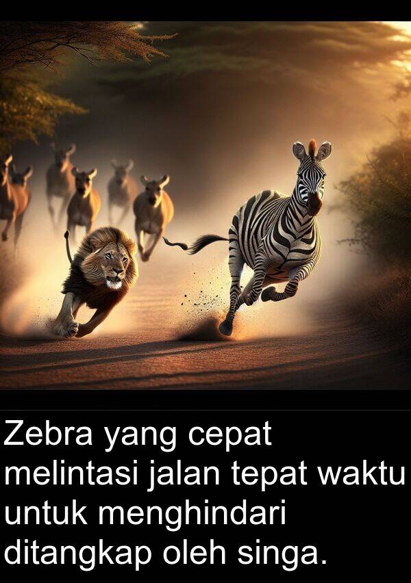 cepat: Zebra yang cepat melintasi jalan tepat waktu untuk menghindari ditangkap oleh singa.