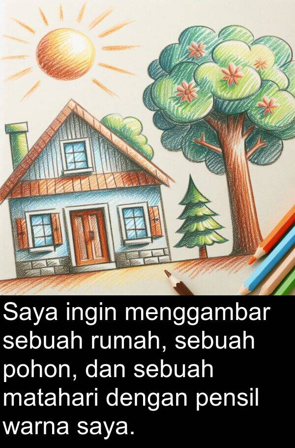 warna: Saya ingin menggambar sebuah rumah, sebuah pohon, dan sebuah matahari dengan pensil warna saya.