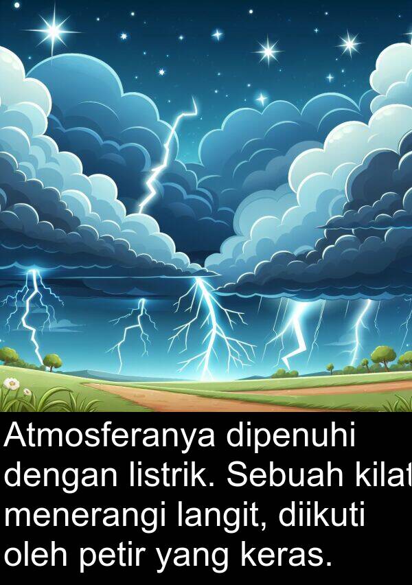 listrik: Atmosferanya dipenuhi dengan listrik. Sebuah kilat menerangi langit, diikuti oleh petir yang keras.