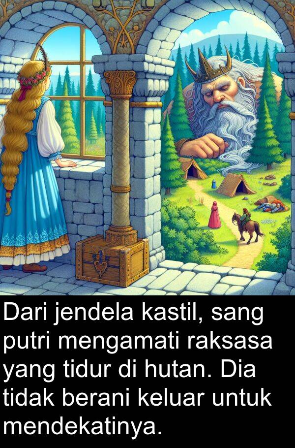 keluar: Dari jendela kastil, sang putri mengamati raksasa yang tidur di hutan. Dia tidak berani keluar untuk mendekatinya.