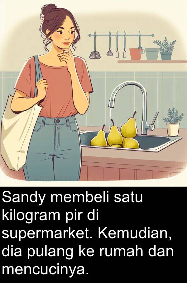 kilogram: Sandy membeli satu kilogram pir di supermarket. Kemudian, dia pulang ke rumah dan mencucinya.