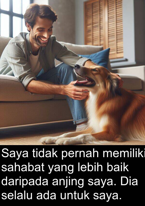 sahabat: Saya tidak pernah memiliki sahabat yang lebih baik daripada anjing saya. Dia selalu ada untuk saya.