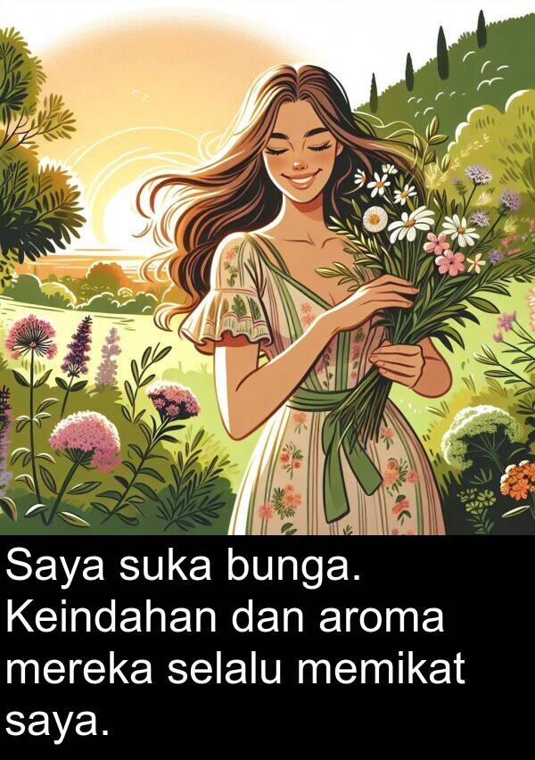 mereka: Saya suka bunga. Keindahan dan aroma mereka selalu memikat saya.