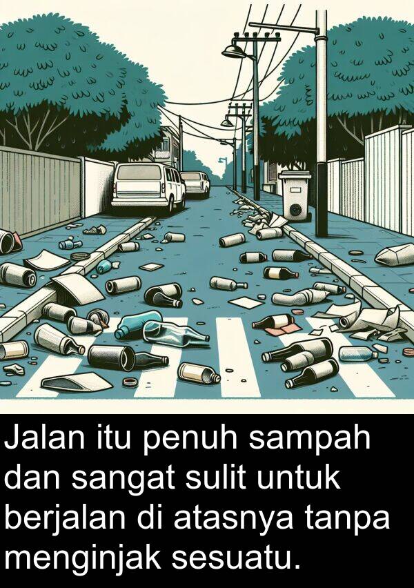 sampah: Jalan itu penuh sampah dan sangat sulit untuk berjalan di atasnya tanpa menginjak sesuatu.