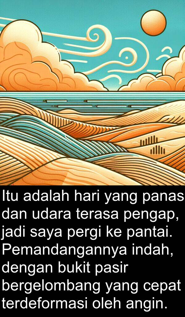 pantai: Itu adalah hari yang panas dan udara terasa pengap, jadi saya pergi ke pantai. Pemandangannya indah, dengan bukit pasir bergelombang yang cepat terdeformasi oleh angin.