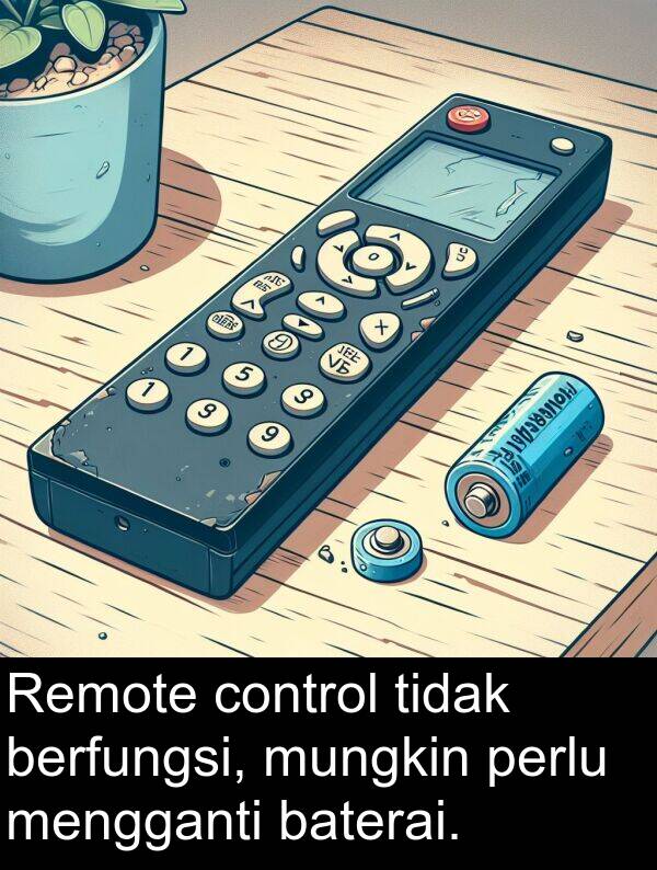 control: Remote control tidak berfungsi, mungkin perlu mengganti baterai.