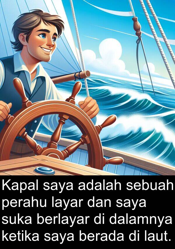 berada: Kapal saya adalah sebuah perahu layar dan saya suka berlayar di dalamnya ketika saya berada di laut.