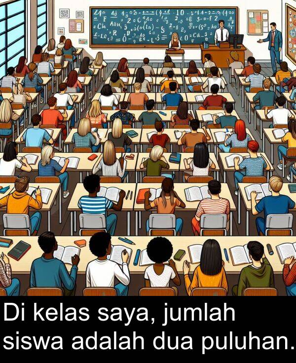 kelas: Di kelas saya, jumlah siswa adalah dua puluhan.