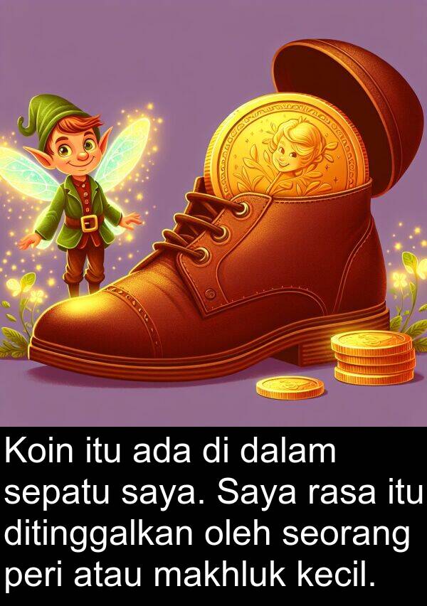 sepatu: Koin itu ada di dalam sepatu saya. Saya rasa itu ditinggalkan oleh seorang peri atau makhluk kecil.