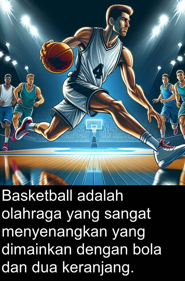 olahraga: Basketball adalah olahraga yang sangat menyenangkan yang dimainkan dengan bola dan dua keranjang.