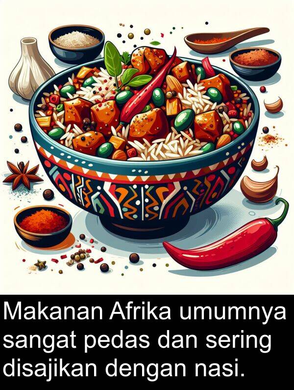 umumnya: Makanan Afrika umumnya sangat pedas dan sering disajikan dengan nasi.