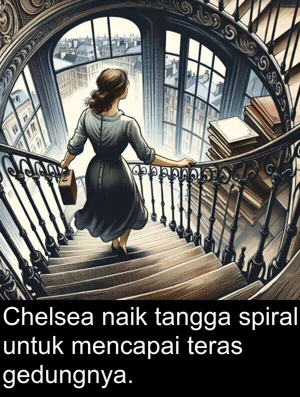 gedungnya: Chelsea naik tangga spiral untuk mencapai teras gedungnya.