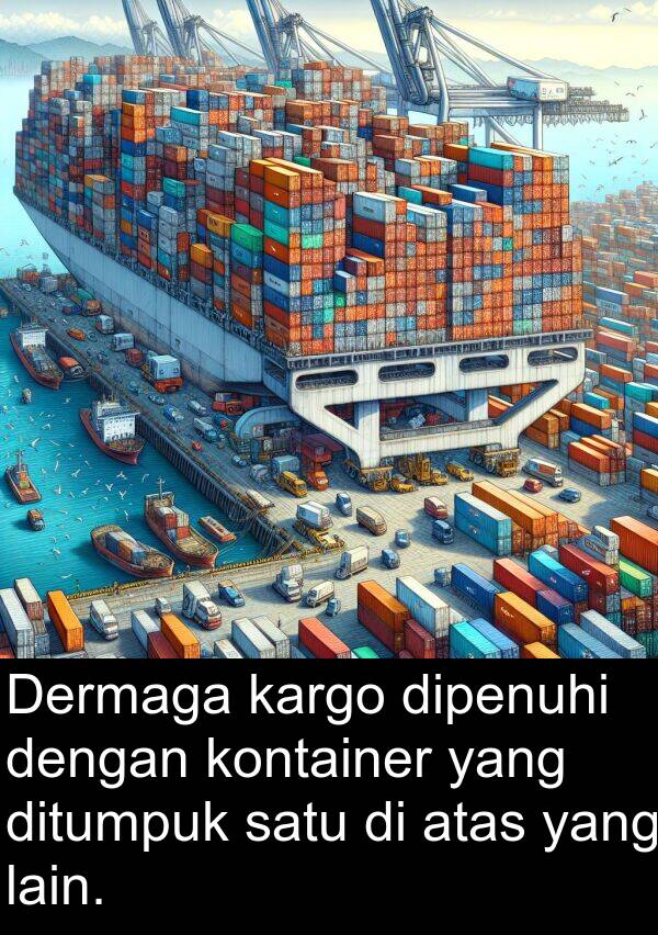 lain: Dermaga kargo dipenuhi dengan kontainer yang ditumpuk satu di atas yang lain.