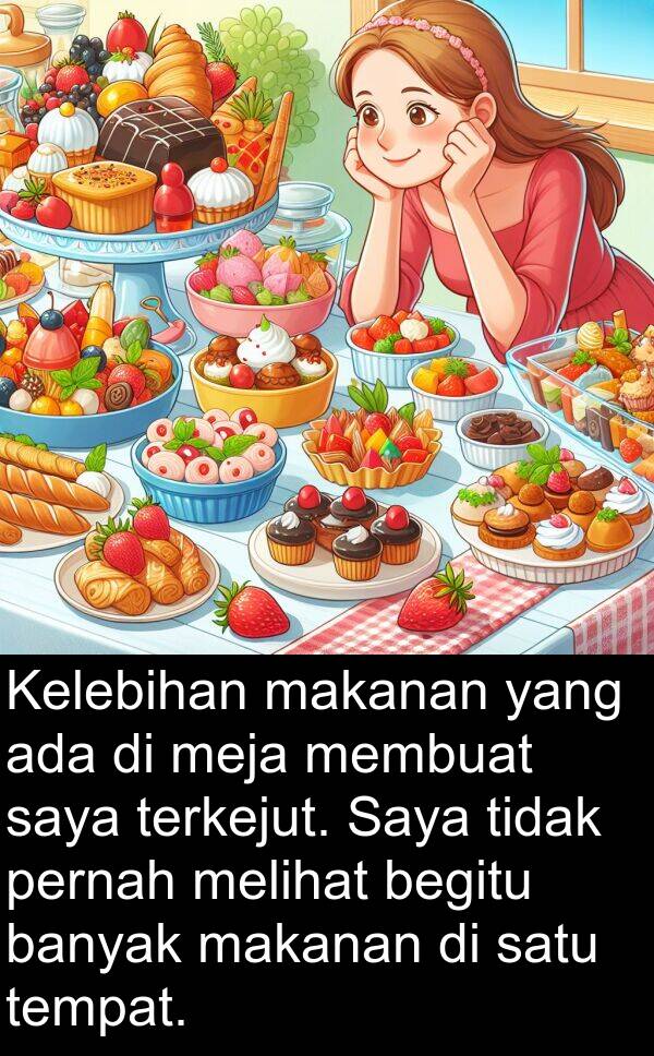 meja: Kelebihan makanan yang ada di meja membuat saya terkejut. Saya tidak pernah melihat begitu banyak makanan di satu tempat.