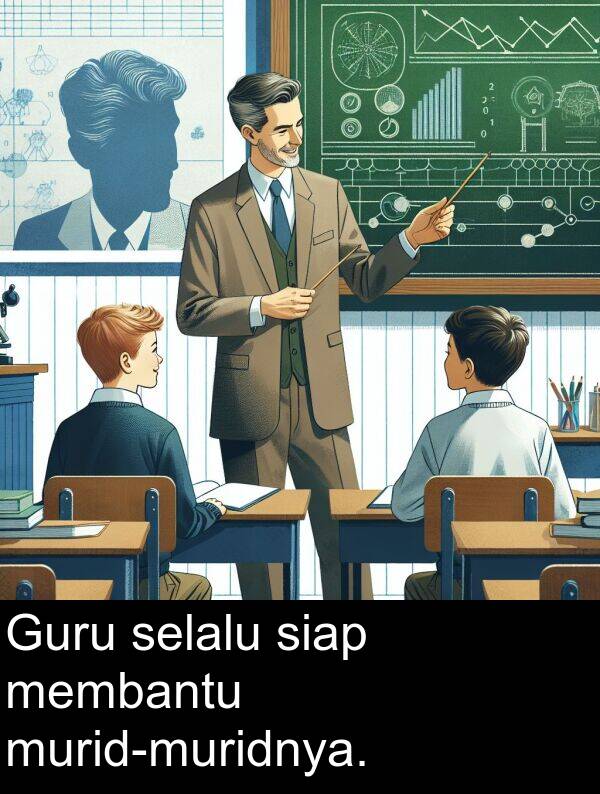 membantu: Guru selalu siap membantu murid-muridnya.