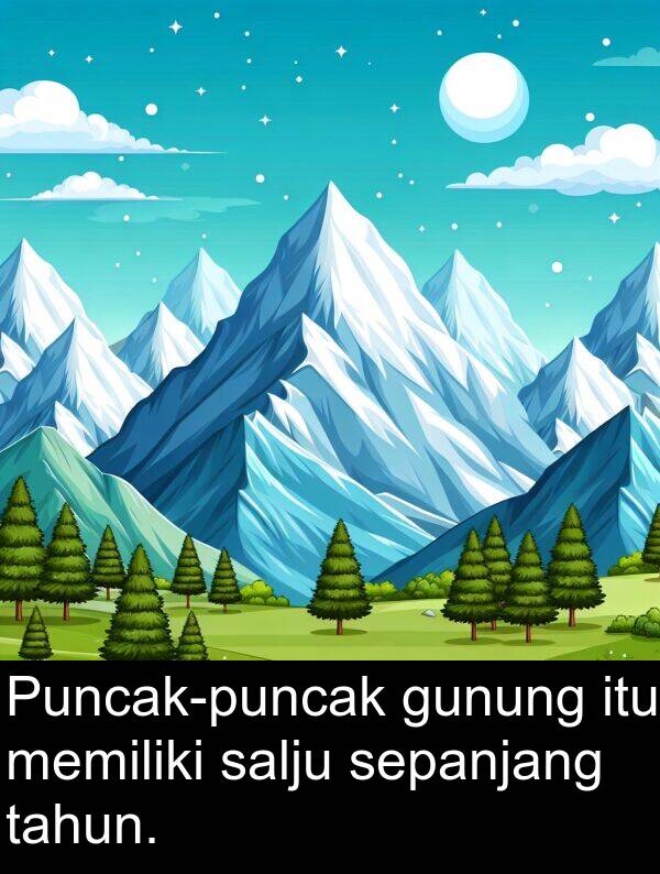 salju: Puncak-puncak gunung itu memiliki salju sepanjang tahun.