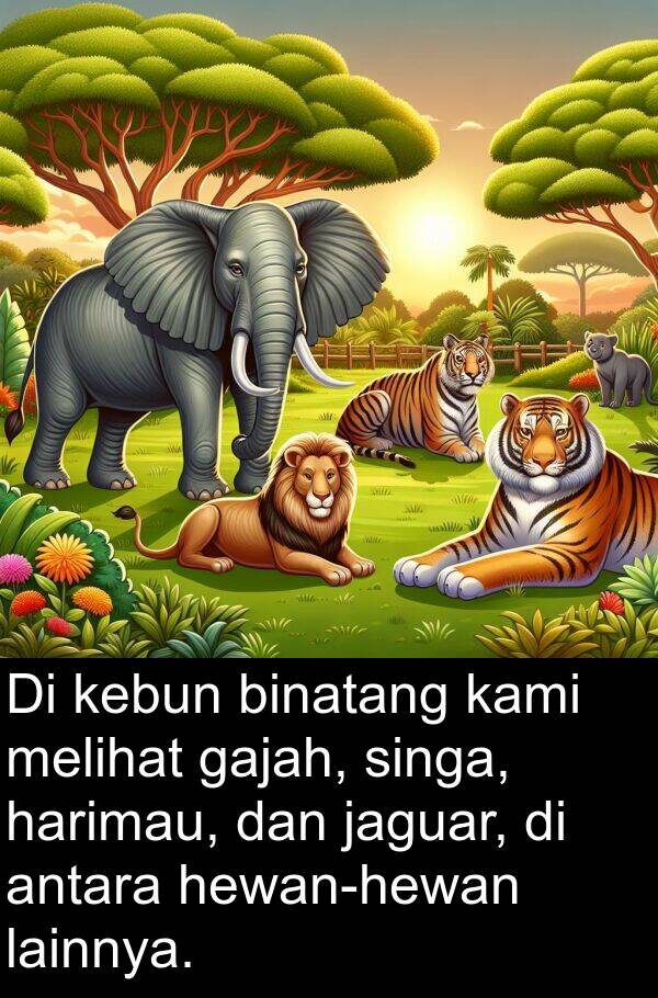 lainnya: Di kebun binatang kami melihat gajah, singa, harimau, dan jaguar, di antara hewan-hewan lainnya.